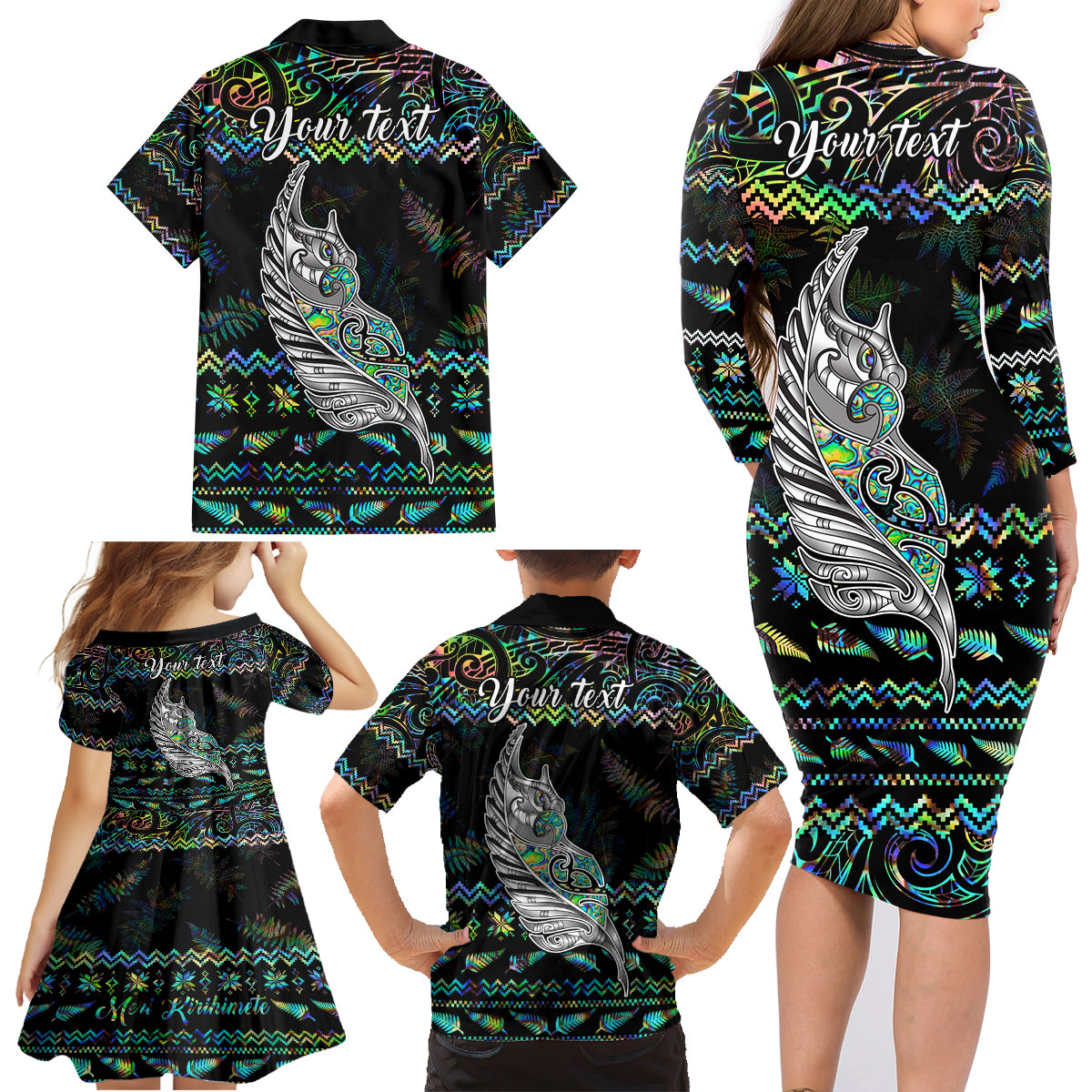 Personalised New Zealand Christmas Family Matching Long Sleeve Bodycon Dress and Hawaiian Shirt Maori Fern Manaia Meri Kirihimete with Papaua Shell LT9 - Wonder Print Shop