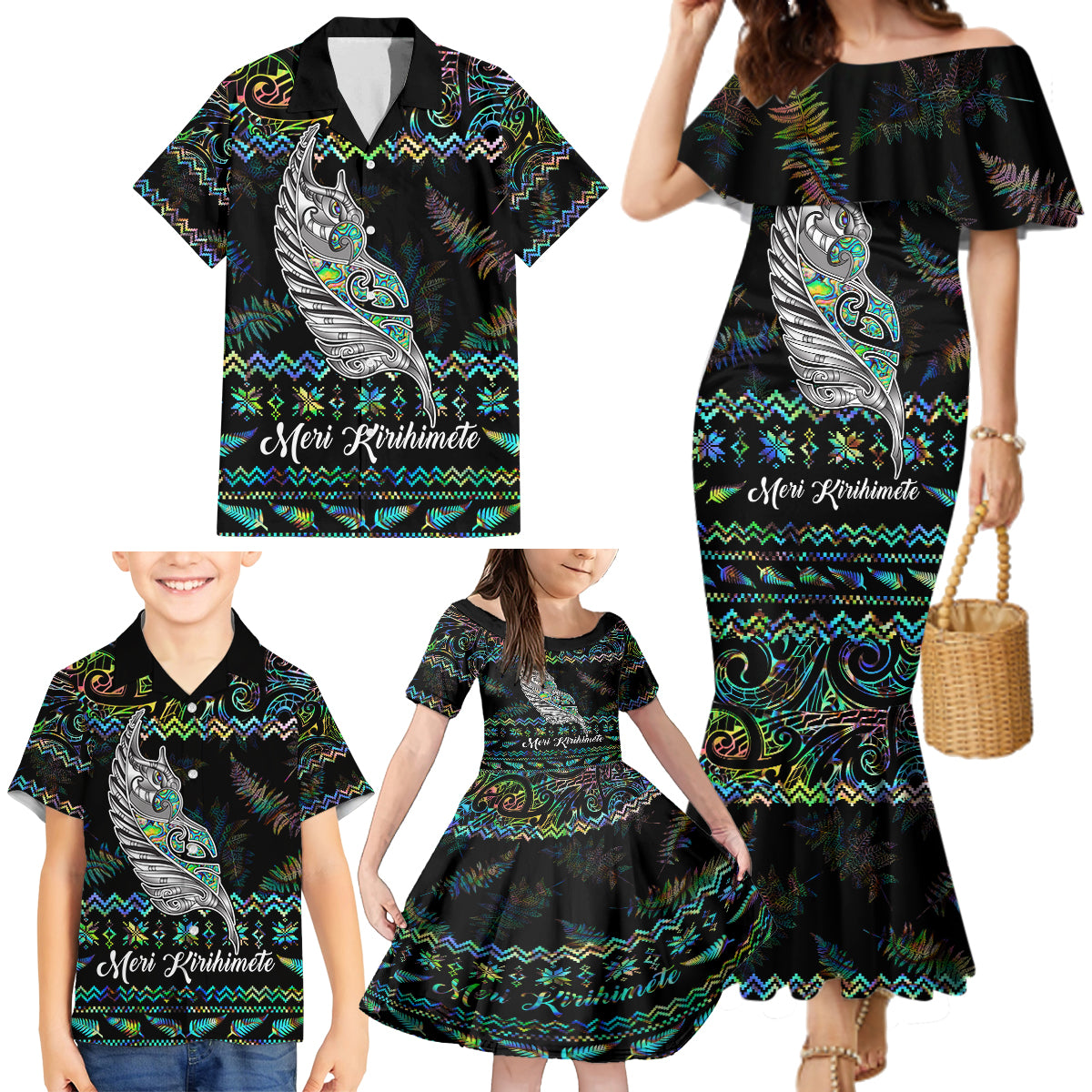 Personalised New Zealand Christmas Family Matching Mermaid Dress and Hawaiian Shirt Maori Fern Manaia Meri Kirihimete with Papaua Shell LT9 - Wonder Print Shop