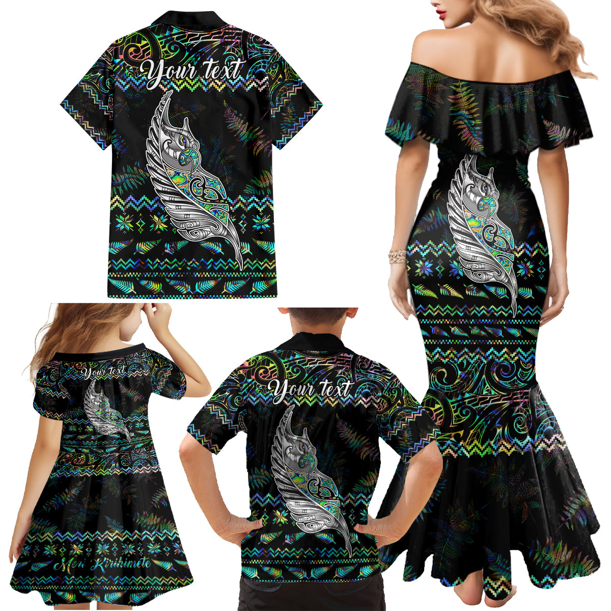 Personalised New Zealand Christmas Family Matching Mermaid Dress and Hawaiian Shirt Maori Fern Manaia Meri Kirihimete with Papaua Shell LT9 - Wonder Print Shop
