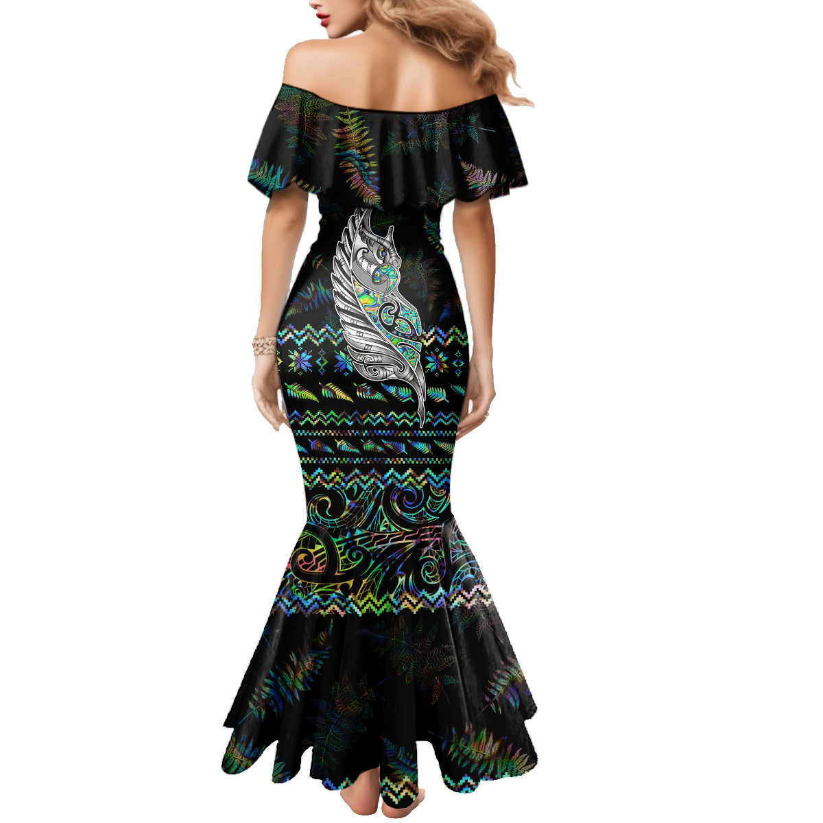 Personalised New Zealand Christmas Family Matching Mermaid Dress and Hawaiian Shirt Maori Fern Manaia Meri Kirihimete with Papaua Shell LT9 - Wonder Print Shop