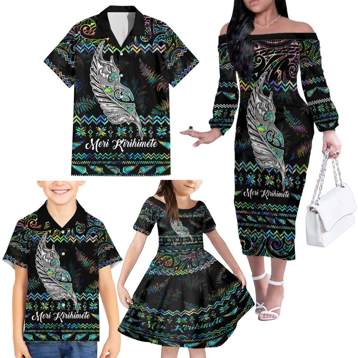 Personalised New Zealand Christmas Family Matching Off Shoulder Long Sleeve Dress and Hawaiian Shirt Maori Fern Manaia Meri Kirihimete with Papaua Shell - Wonder Print Shop