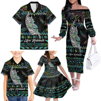 Personalised New Zealand Christmas Family Matching Off Shoulder Long Sleeve Dress and Hawaiian Shirt Maori Fern Manaia Meri Kirihimete with Papaua Shell - Wonder Print Shop