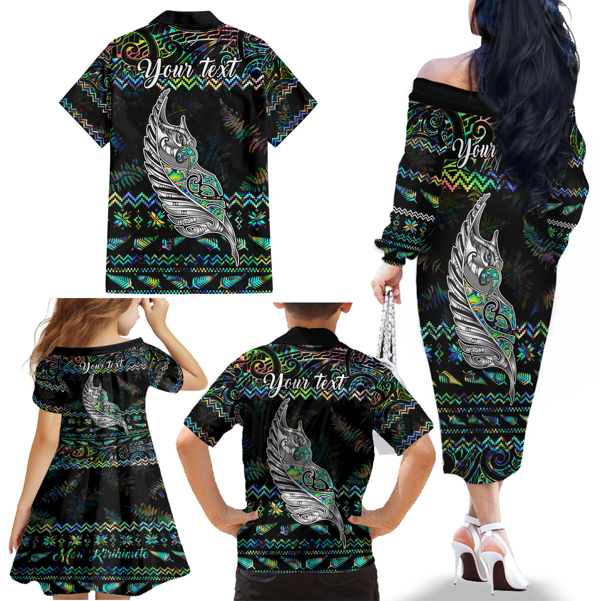 Personalised New Zealand Christmas Family Matching Off Shoulder Long Sleeve Dress and Hawaiian Shirt Maori Fern Manaia Meri Kirihimete with Papaua Shell - Wonder Print Shop