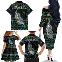 Personalised New Zealand Christmas Family Matching Off Shoulder Long Sleeve Dress and Hawaiian Shirt Maori Fern Manaia Meri Kirihimete with Papaua Shell - Wonder Print Shop