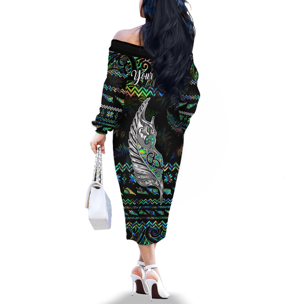 Personalised New Zealand Christmas Family Matching Off Shoulder Long Sleeve Dress and Hawaiian Shirt Maori Fern Manaia Meri Kirihimete with Papaua Shell - Wonder Print Shop