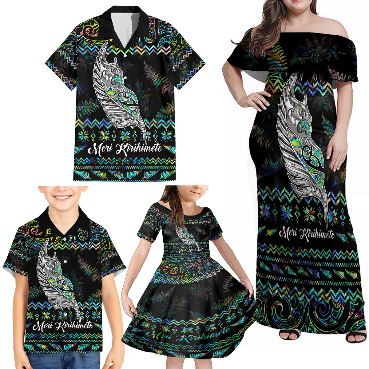 Personalised New Zealand Christmas Family Matching Off Shoulder Maxi Dress and Hawaiian Shirt Maori Fern Manaia Meri Kirihimete with Papaua Shell LT9 - Wonder Print Shop