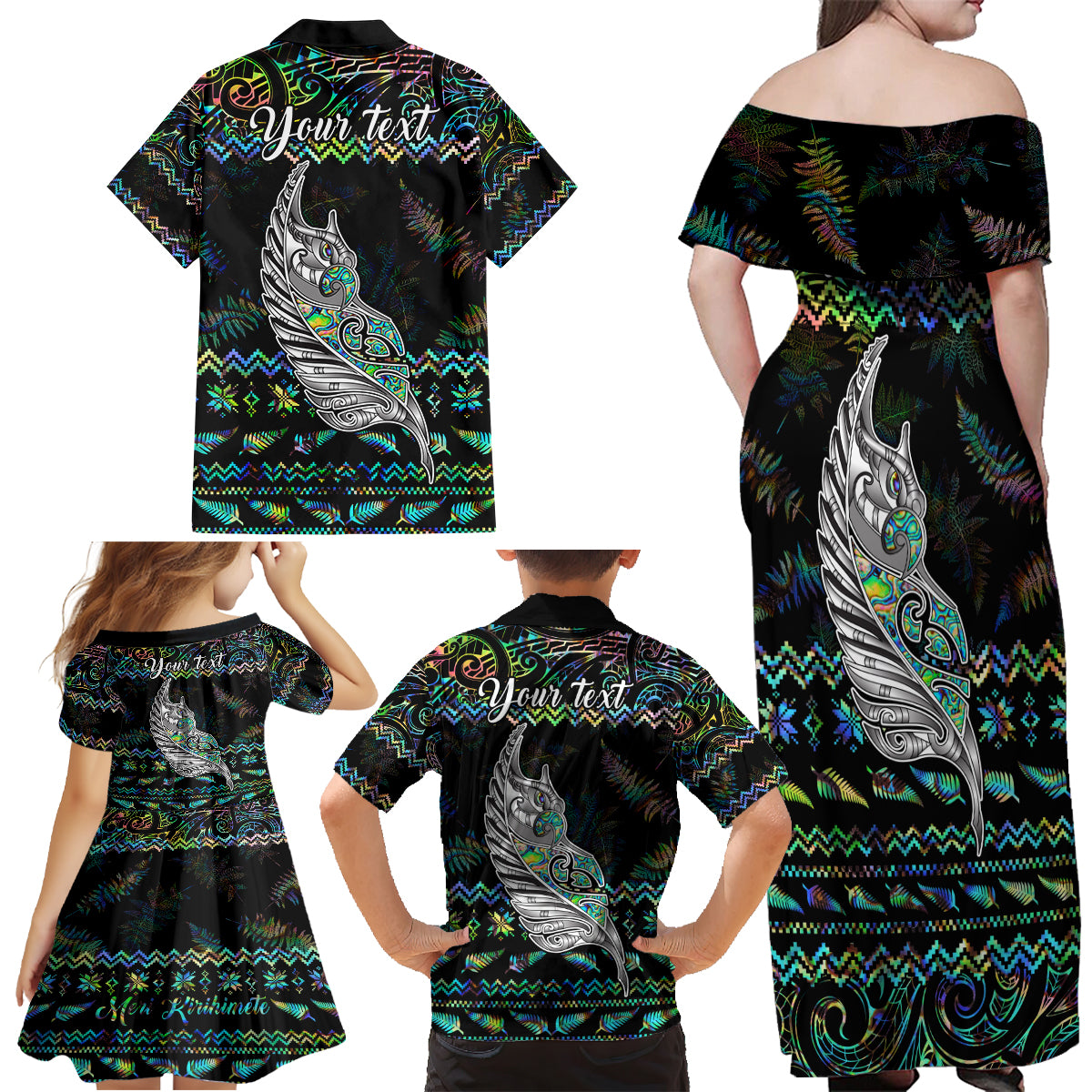 Personalised New Zealand Christmas Family Matching Off Shoulder Maxi Dress and Hawaiian Shirt Maori Fern Manaia Meri Kirihimete with Papaua Shell LT9 - Wonder Print Shop