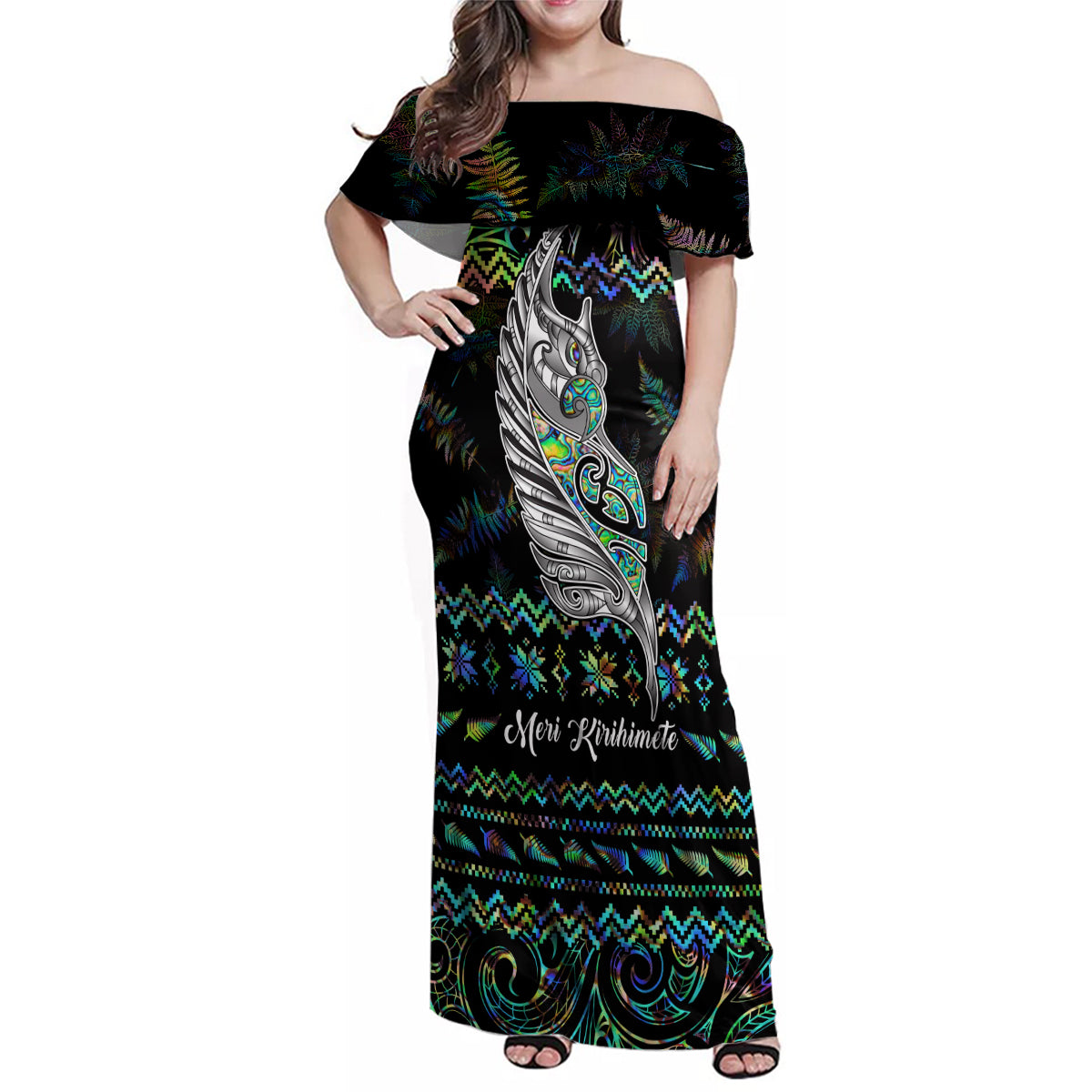 Personalised New Zealand Christmas Family Matching Off Shoulder Maxi Dress and Hawaiian Shirt Maori Fern Manaia Meri Kirihimete with Papaua Shell LT9 - Wonder Print Shop