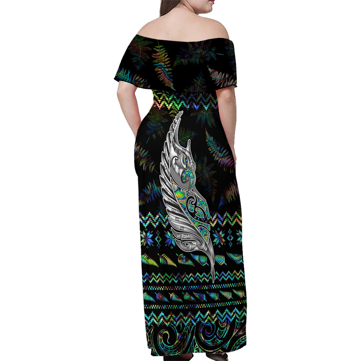Personalised New Zealand Christmas Family Matching Off Shoulder Maxi Dress and Hawaiian Shirt Maori Fern Manaia Meri Kirihimete with Papaua Shell LT9 - Wonder Print Shop