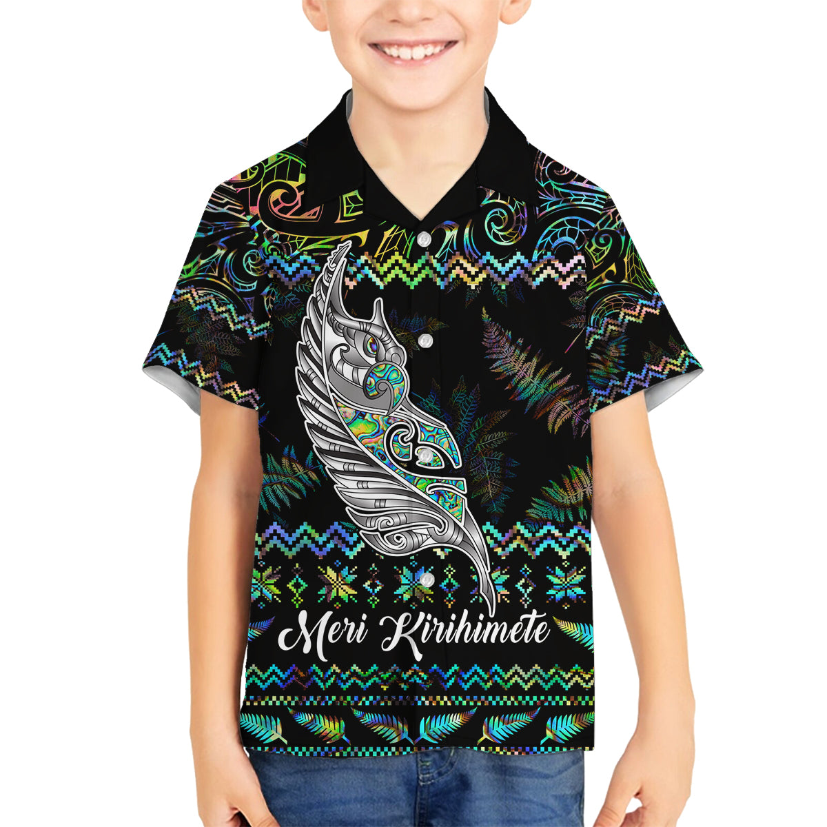 Personalised New Zealand Christmas Family Matching Off Shoulder Maxi Dress and Hawaiian Shirt Maori Fern Manaia Meri Kirihimete with Papaua Shell LT9 - Wonder Print Shop