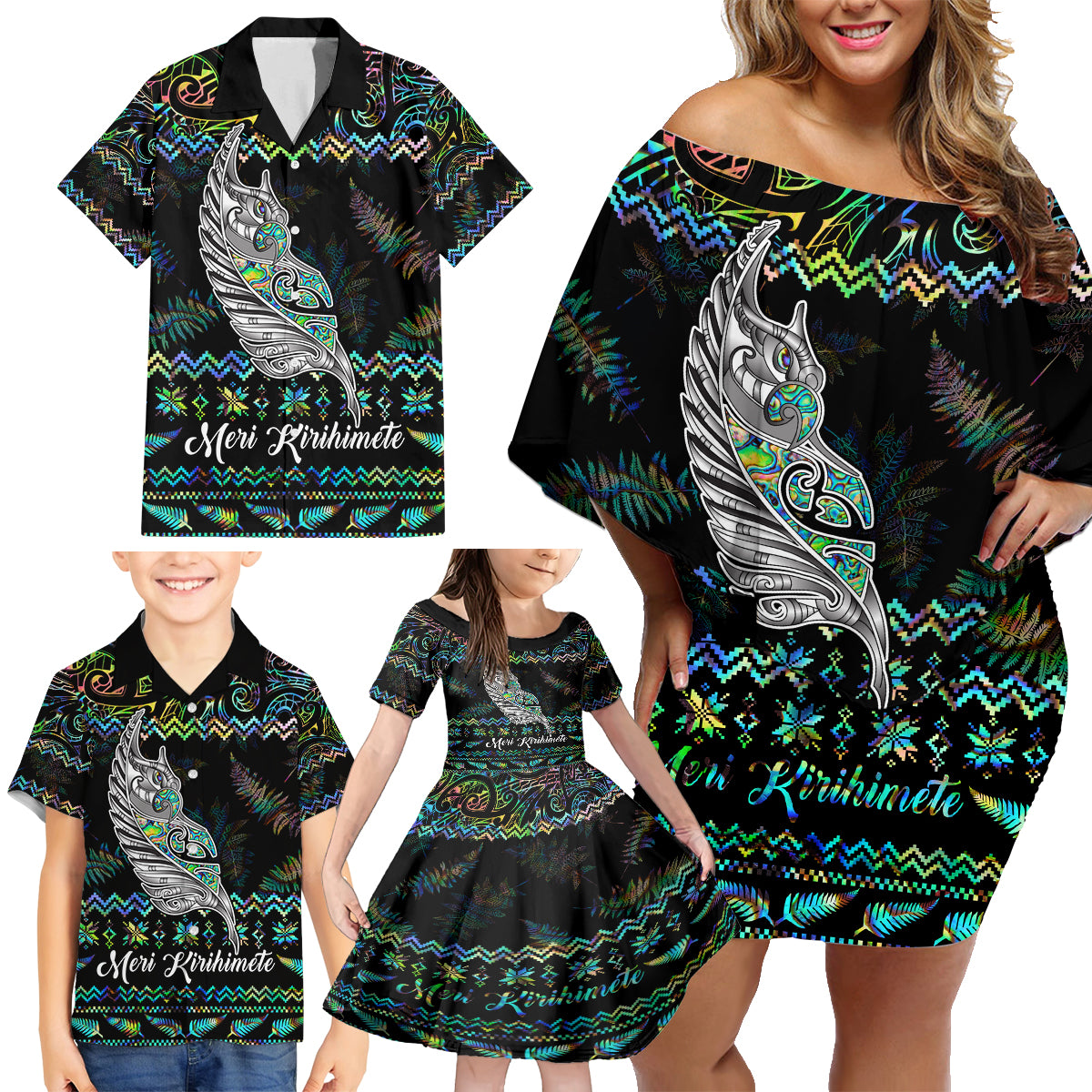 Personalised New Zealand Christmas Family Matching Off Shoulder Short Dress and Hawaiian Shirt Maori Fern Manaia Meri Kirihimete with Papaua Shell LT9 - Wonder Print Shop