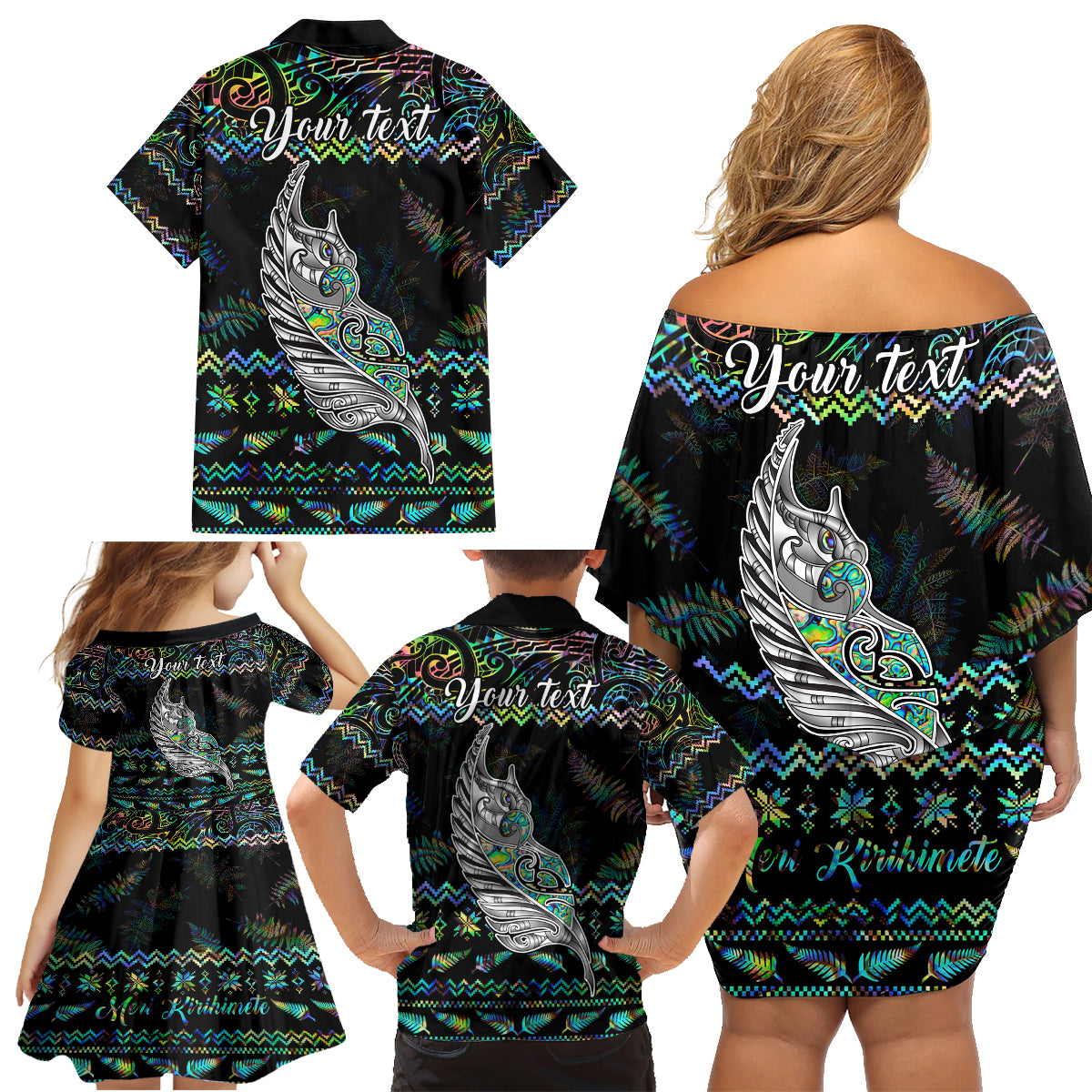 Personalised New Zealand Christmas Family Matching Off Shoulder Short Dress and Hawaiian Shirt Maori Fern Manaia Meri Kirihimete with Papaua Shell LT9 - Wonder Print Shop