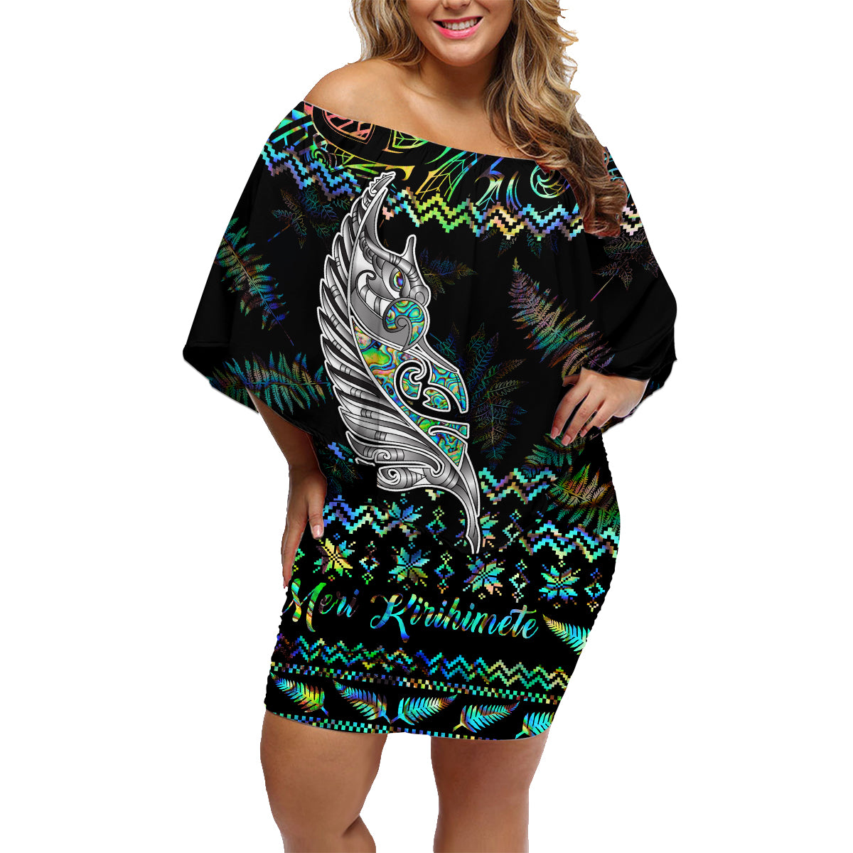 Personalised New Zealand Christmas Family Matching Off Shoulder Short Dress and Hawaiian Shirt Maori Fern Manaia Meri Kirihimete with Papaua Shell LT9 - Wonder Print Shop