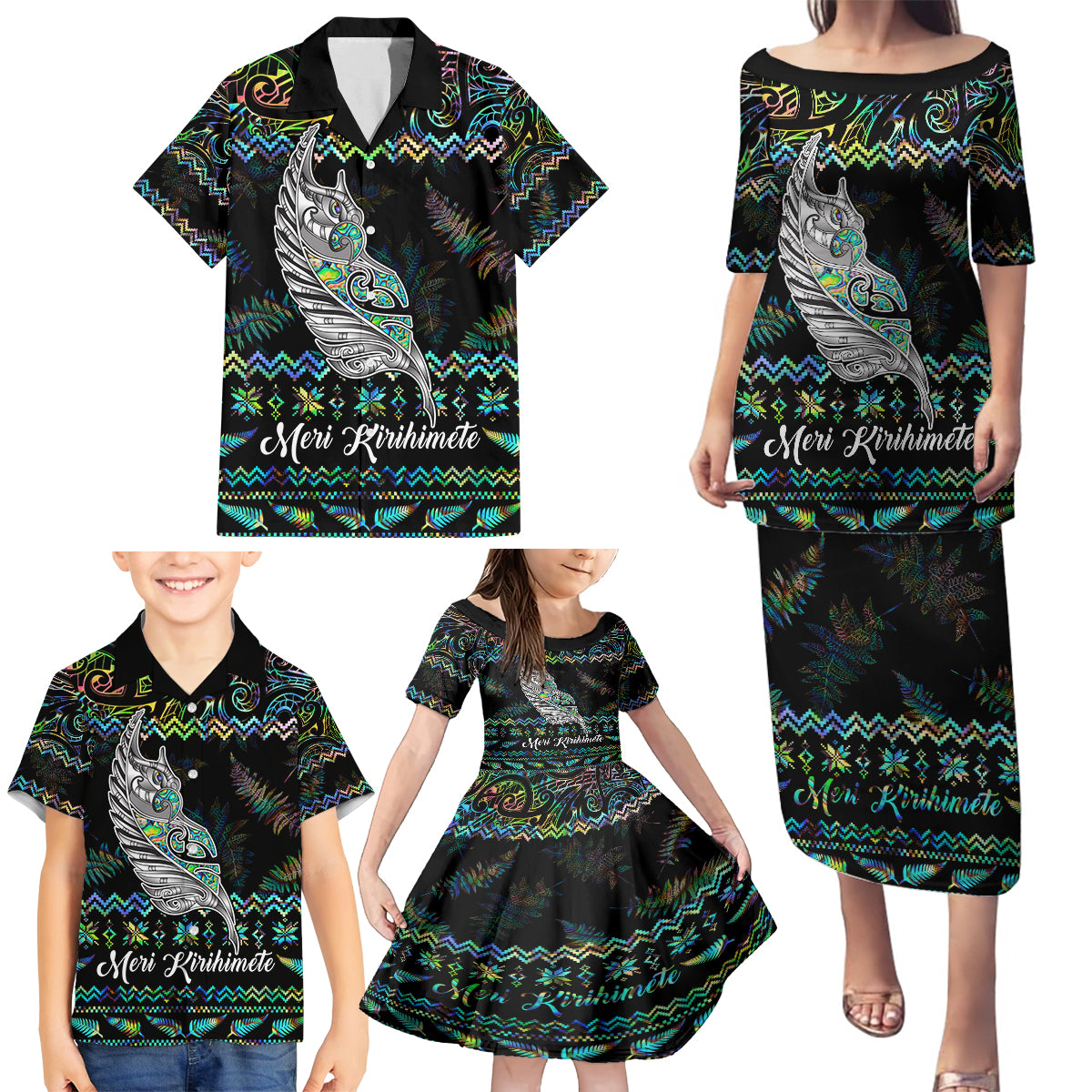 Personalised New Zealand Christmas Family Matching Puletasi Dress and Hawaiian Shirt Maori Fern Manaia Meri Kirihimete with Papaua Shell - Wonder Print Shop