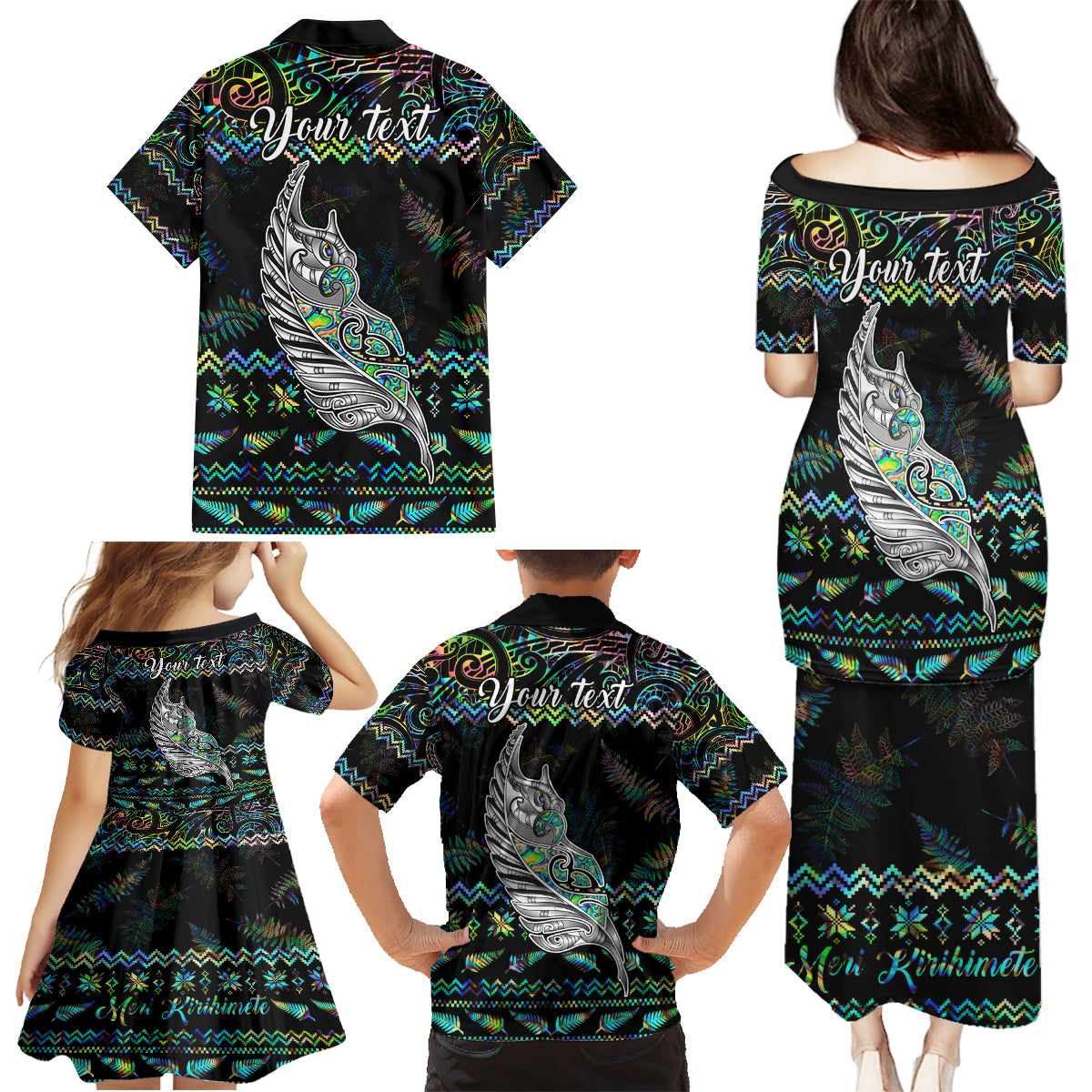 Personalised New Zealand Christmas Family Matching Puletasi Dress and Hawaiian Shirt Maori Fern Manaia Meri Kirihimete with Papaua Shell - Wonder Print Shop