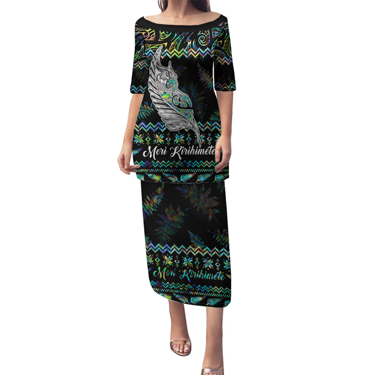 Personalised New Zealand Christmas Family Matching Puletasi Dress and Hawaiian Shirt Maori Fern Manaia Meri Kirihimete with Papaua Shell - Wonder Print Shop