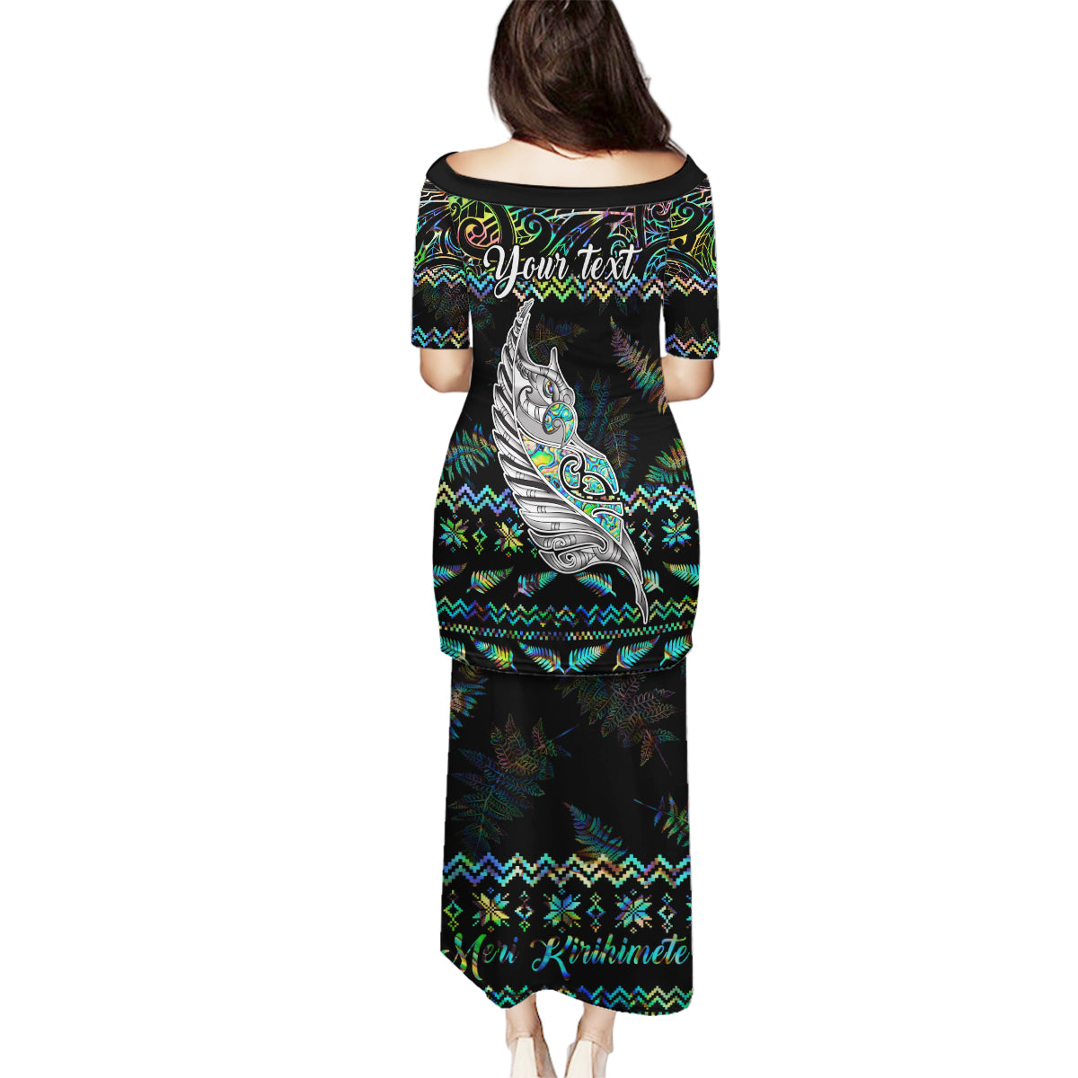 Personalised New Zealand Christmas Family Matching Puletasi Dress and Hawaiian Shirt Maori Fern Manaia Meri Kirihimete with Papaua Shell - Wonder Print Shop