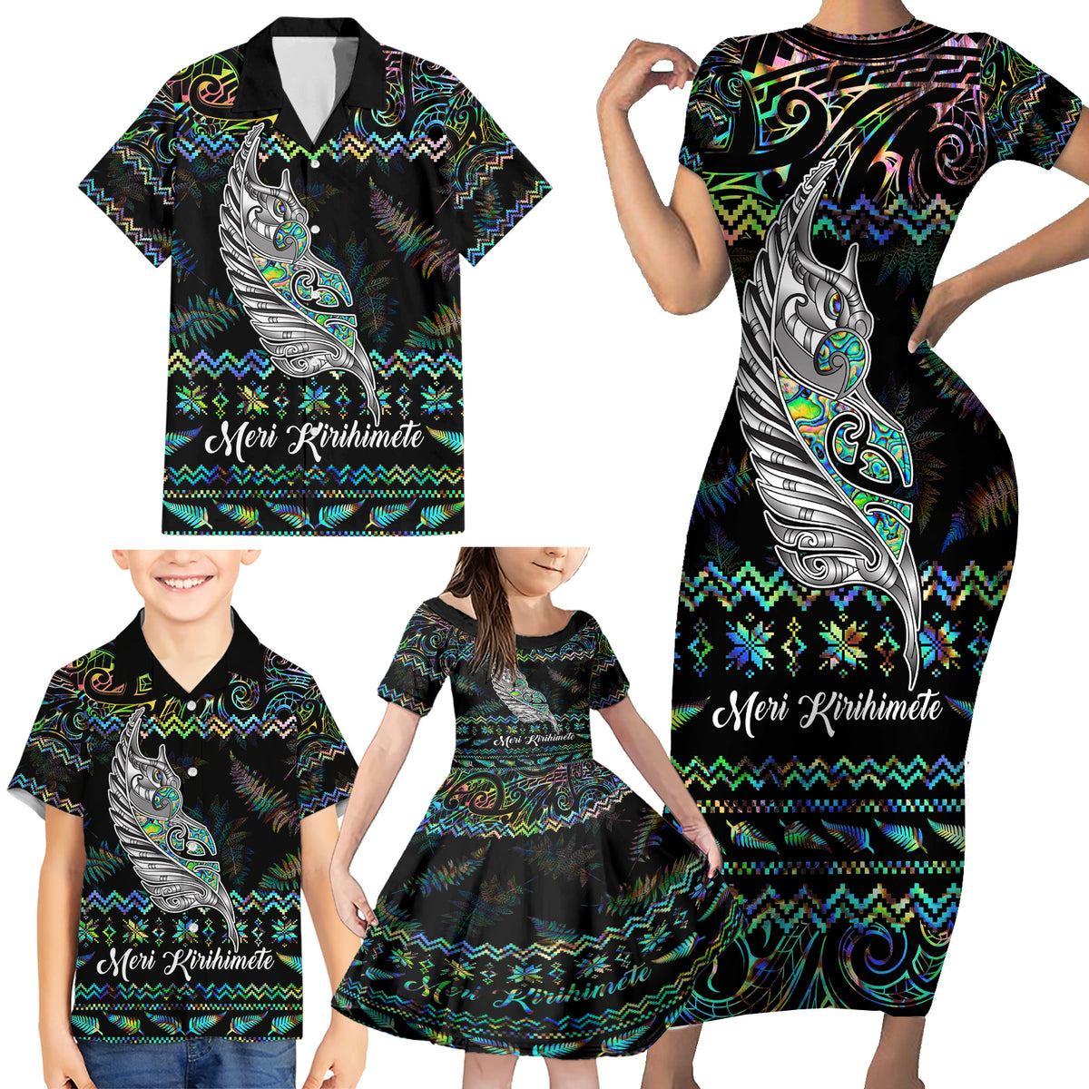 Personalised New Zealand Christmas Family Matching Short Sleeve Bodycon Dress and Hawaiian Shirt Maori Fern Manaia Meri Kirihimete with Papaua Shell - Wonder Print Shop