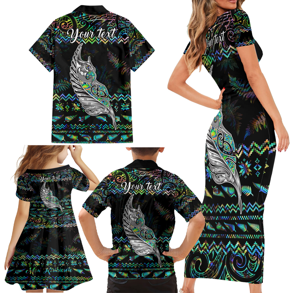 Personalised New Zealand Christmas Family Matching Short Sleeve Bodycon Dress and Hawaiian Shirt Maori Fern Manaia Meri Kirihimete with Papaua Shell - Wonder Print Shop