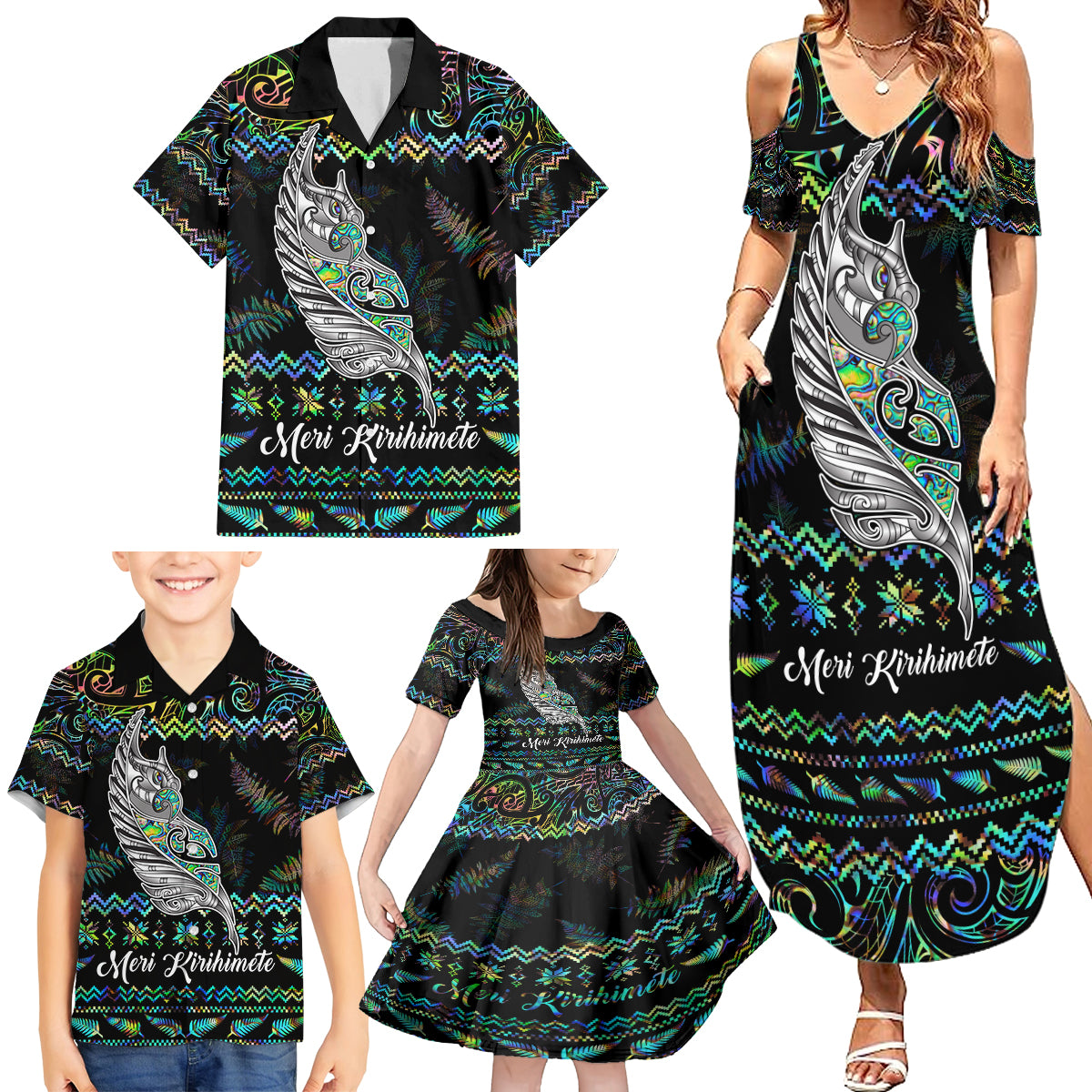Personalised New Zealand Christmas Family Matching Summer Maxi Dress and Hawaiian Shirt Maori Fern Manaia Meri Kirihimete with Papaua Shell - Wonder Print Shop