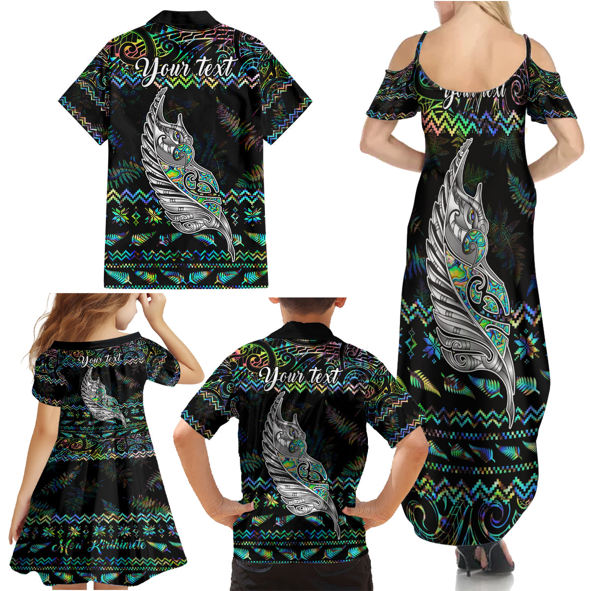 Personalised New Zealand Christmas Family Matching Summer Maxi Dress and Hawaiian Shirt Maori Fern Manaia Meri Kirihimete with Papaua Shell - Wonder Print Shop