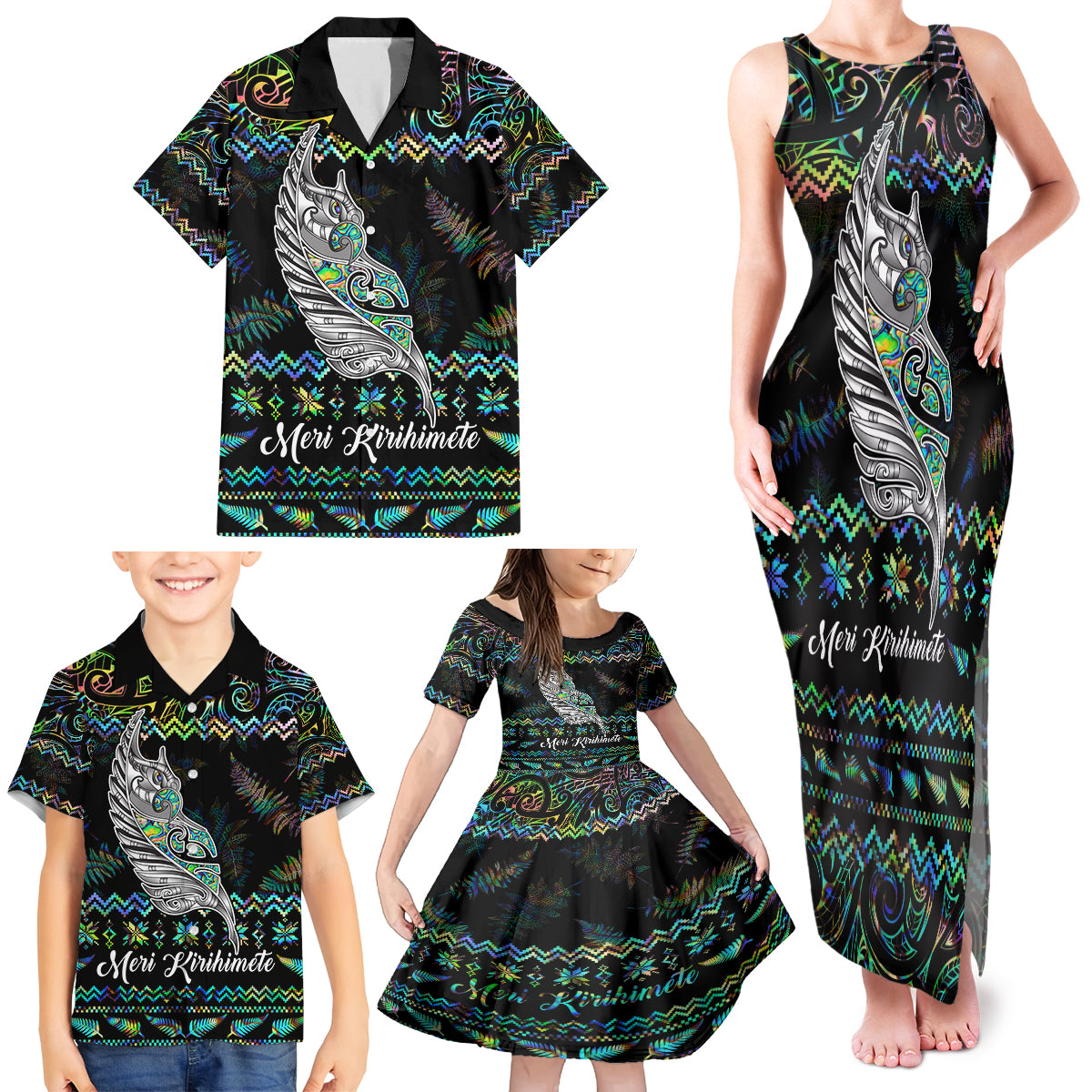 Personalised New Zealand Christmas Family Matching Tank Maxi Dress and Hawaiian Shirt Maori Fern Manaia Meri Kirihimete with Papaua Shell - Wonder Print Shop