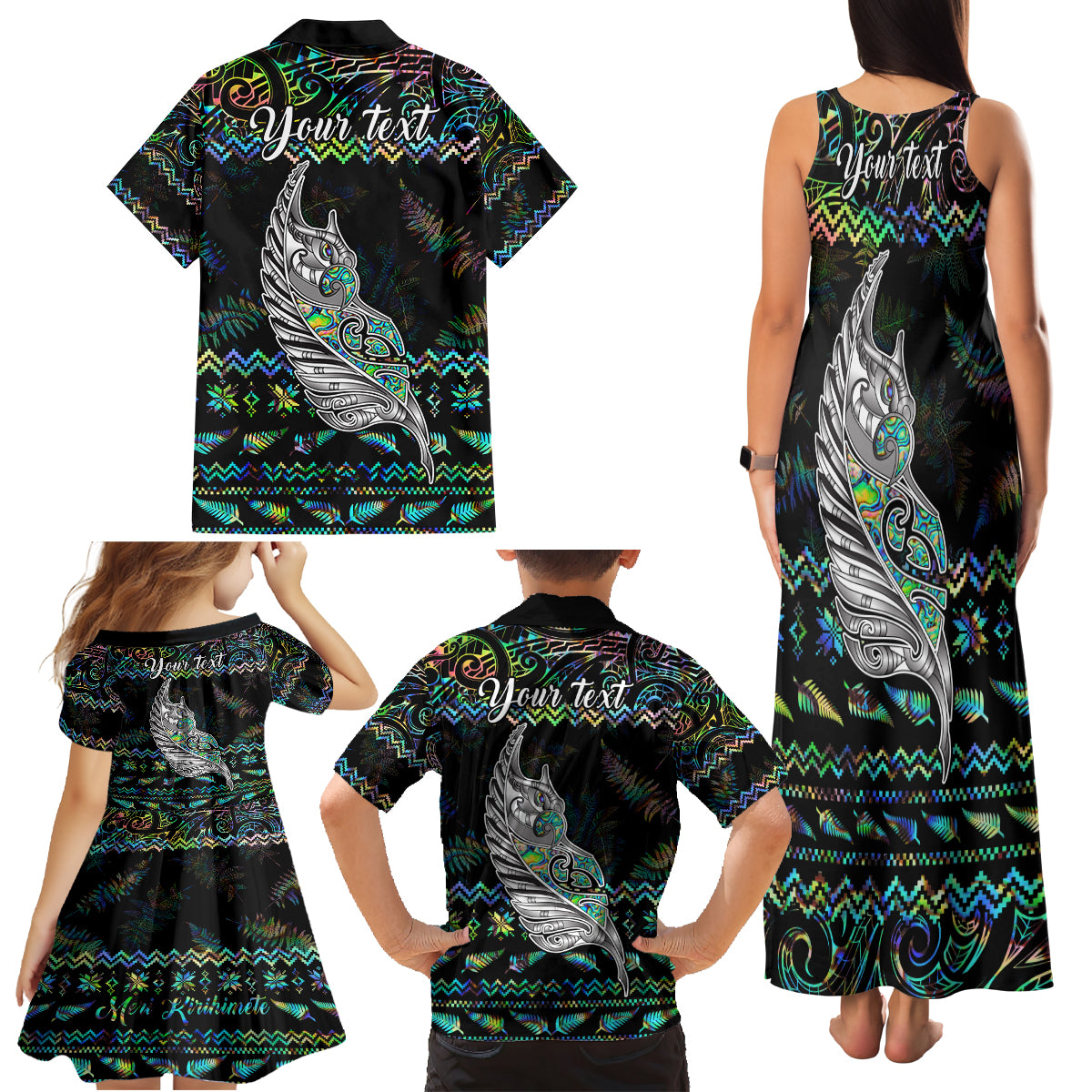 Personalised New Zealand Christmas Family Matching Tank Maxi Dress and Hawaiian Shirt Maori Fern Manaia Meri Kirihimete with Papaua Shell - Wonder Print Shop
