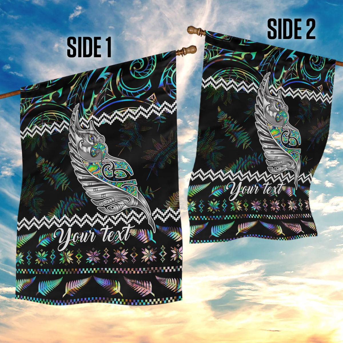 Personalised New Zealand Christmas Garden Flag Maori Fern Manaia Meri Kirihimete with Papaua Shell - Wonder Print Shop