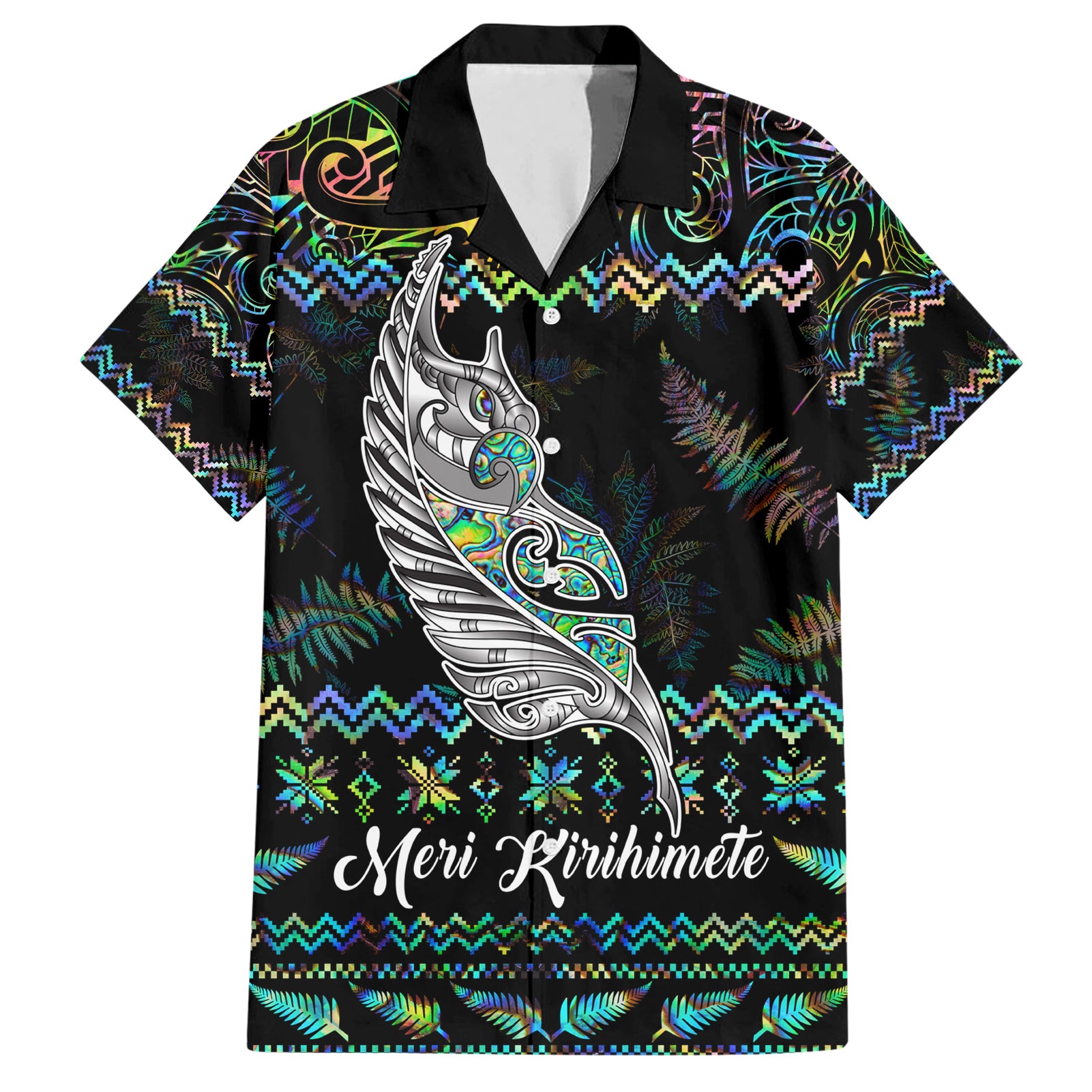 Personalised New Zealand Christmas Hawaiian Shirt Maori Fern Manaia Meri Kirihimete with Papaua Shell - Wonder Print Shop