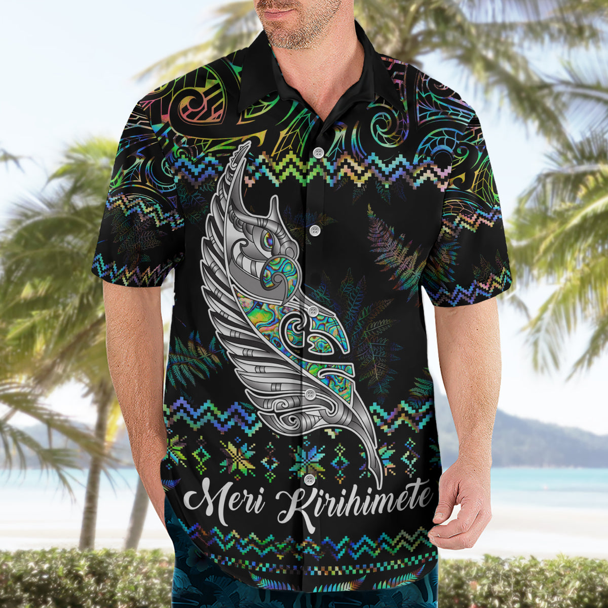 Personalised New Zealand Christmas Hawaiian Shirt Maori Fern Manaia Meri Kirihimete with Papaua Shell - Wonder Print Shop
