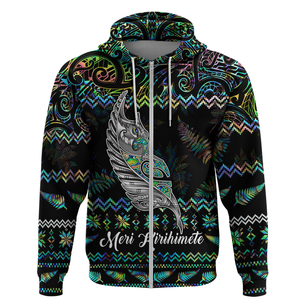 Personalised New Zealand Christmas Hoodie Maori Fern Manaia Meri Kirihimete with Papaua Shell - Wonder Print Shop