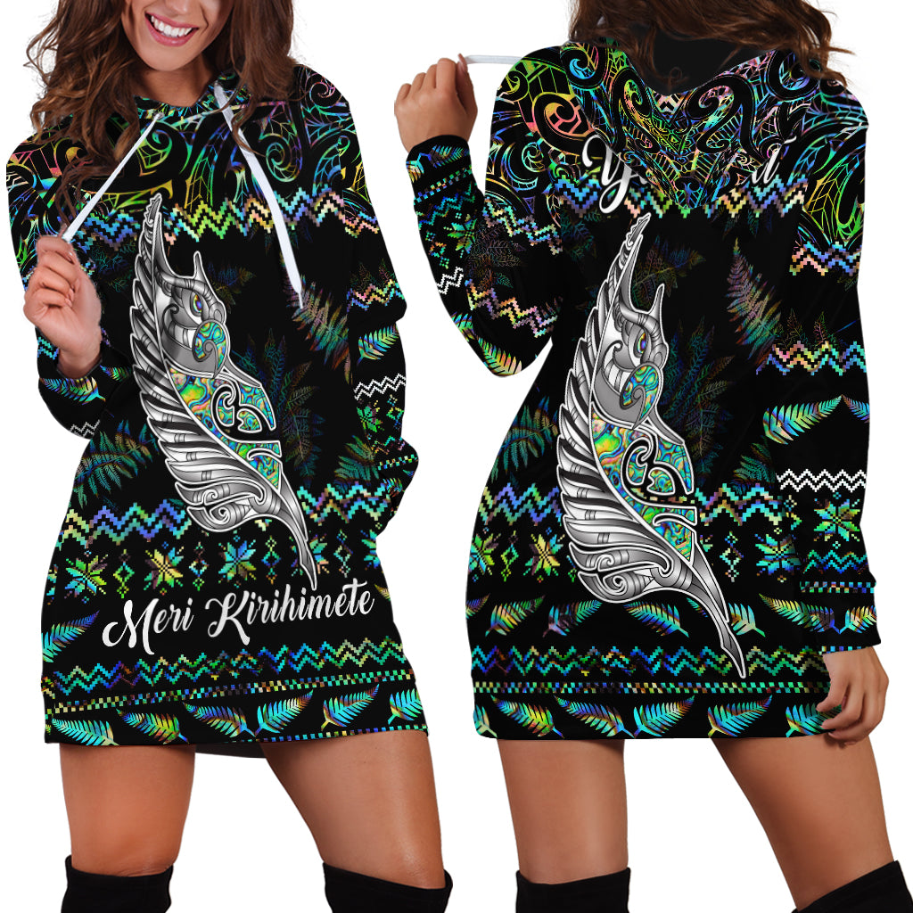 Personalised New Zealand Christmas Hoodie Dress Maori Fern Manaia Meri Kirihimete with Papaua Shell - Wonder Print Shop