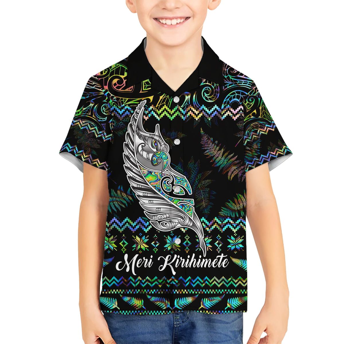 Personalised New Zealand Christmas Kid Hawaiian Shirt Maori Fern Manaia Meri Kirihimete with Papaua Shell - Wonder Print Shop