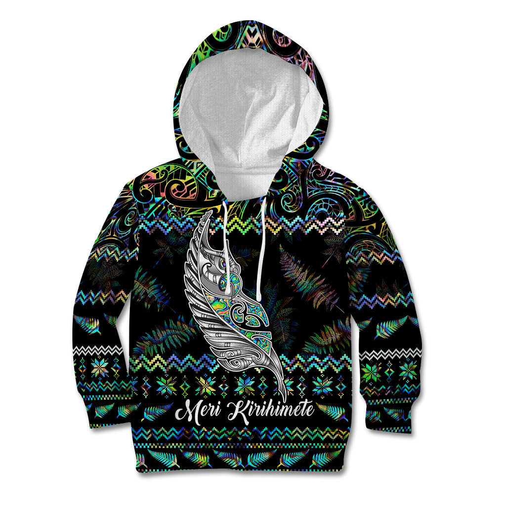 Personalised New Zealand Christmas Kid Hoodie Maori Fern Manaia Meri Kirihimete with Papaua Shell - Wonder Print Shop