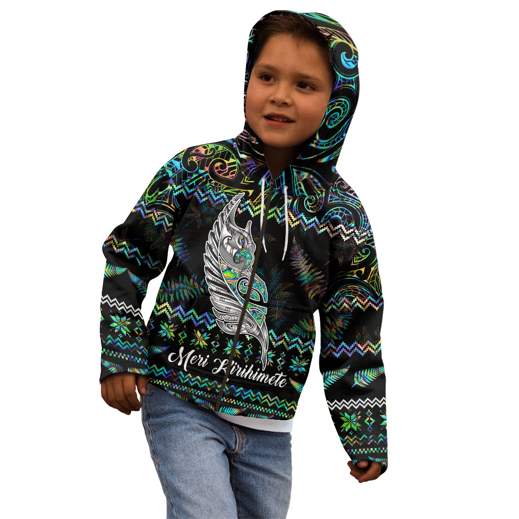 Personalised New Zealand Christmas Kid Hoodie Maori Fern Manaia Meri Kirihimete with Papaua Shell - Wonder Print Shop