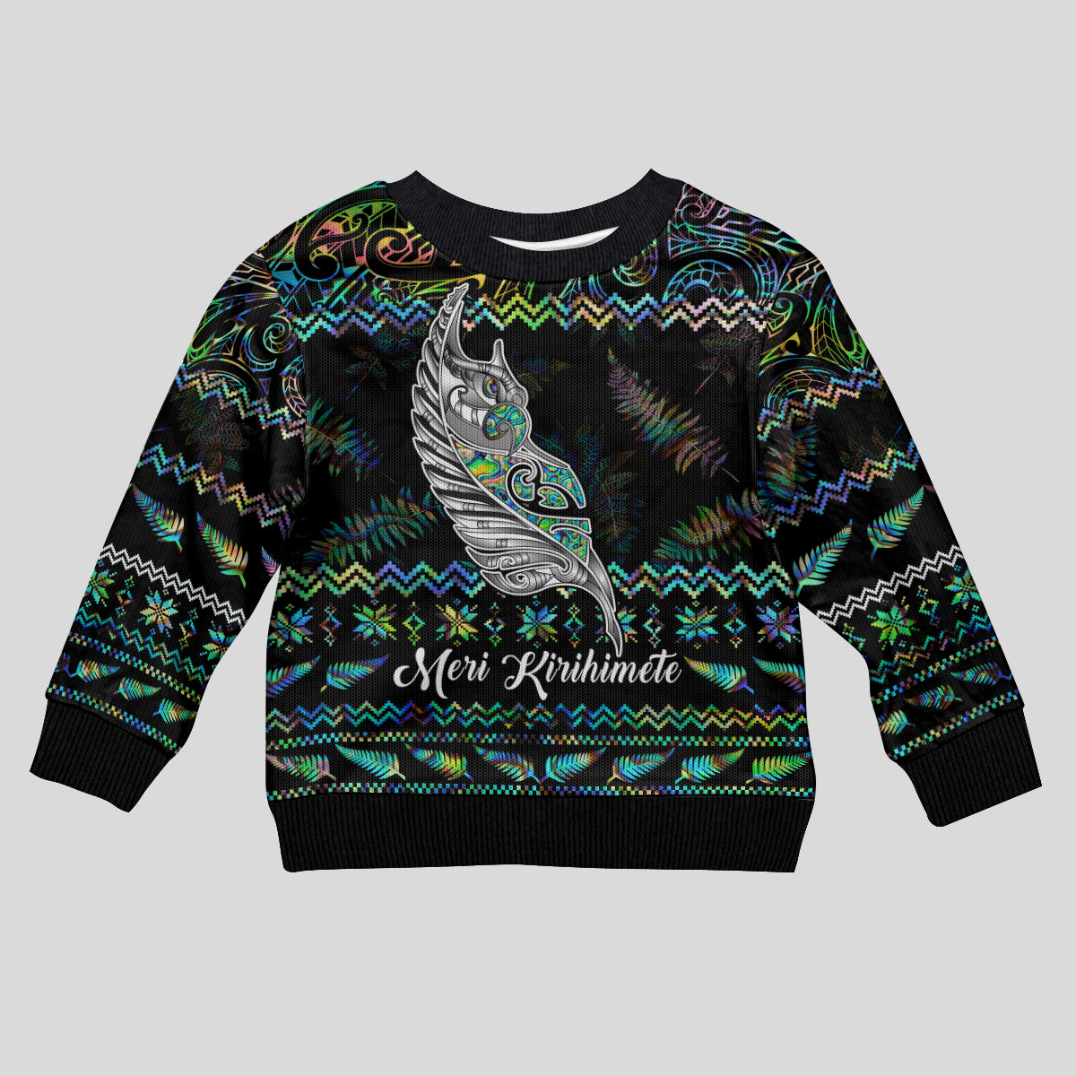 Personalised New Zealand Christmas Kid Ugly Christmas Sweater Maori Fern Manaia Meri Kirihimete with Papaua Shell - Wonder Print Shop