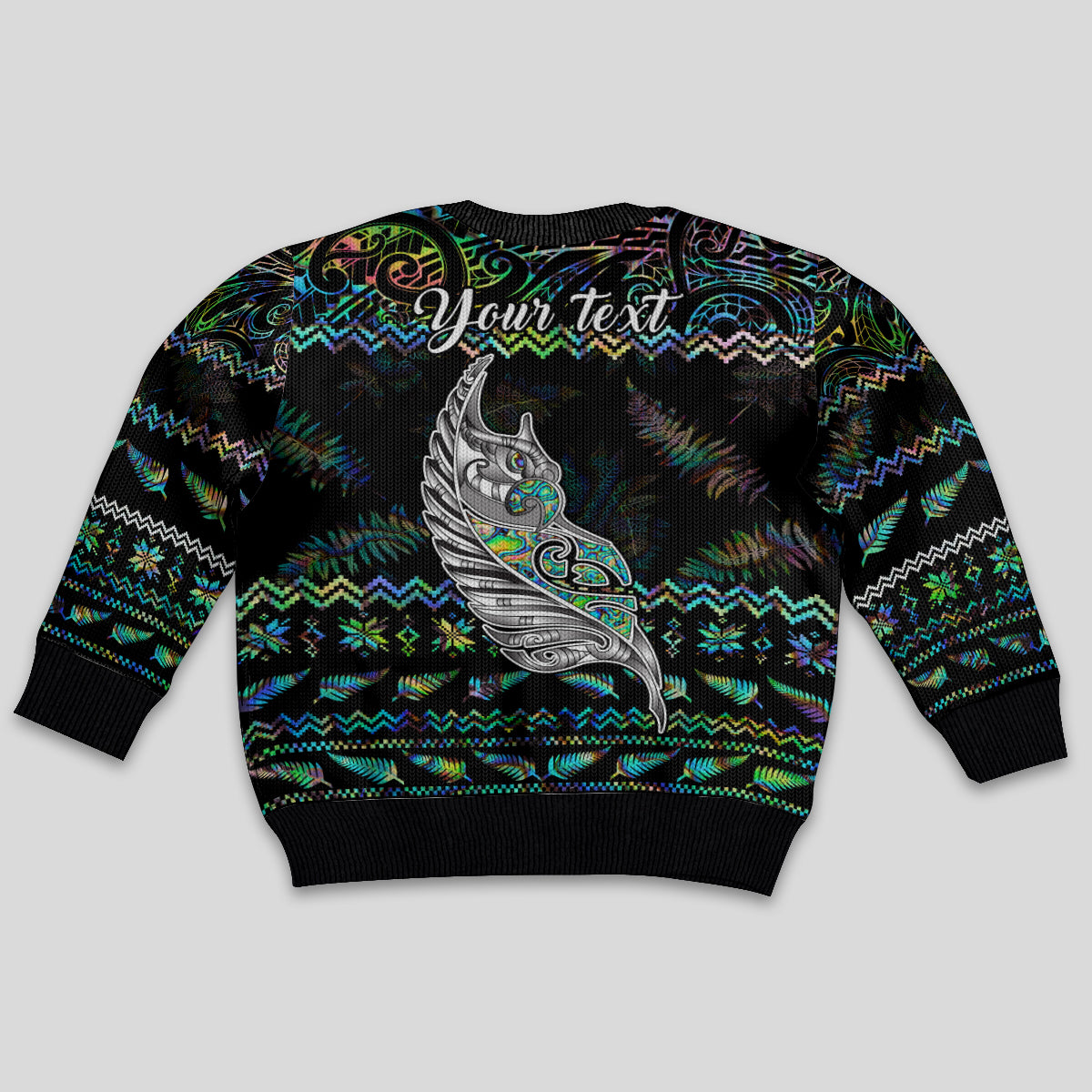 Personalised New Zealand Christmas Kid Ugly Christmas Sweater Maori Fern Manaia Meri Kirihimete with Papaua Shell - Wonder Print Shop