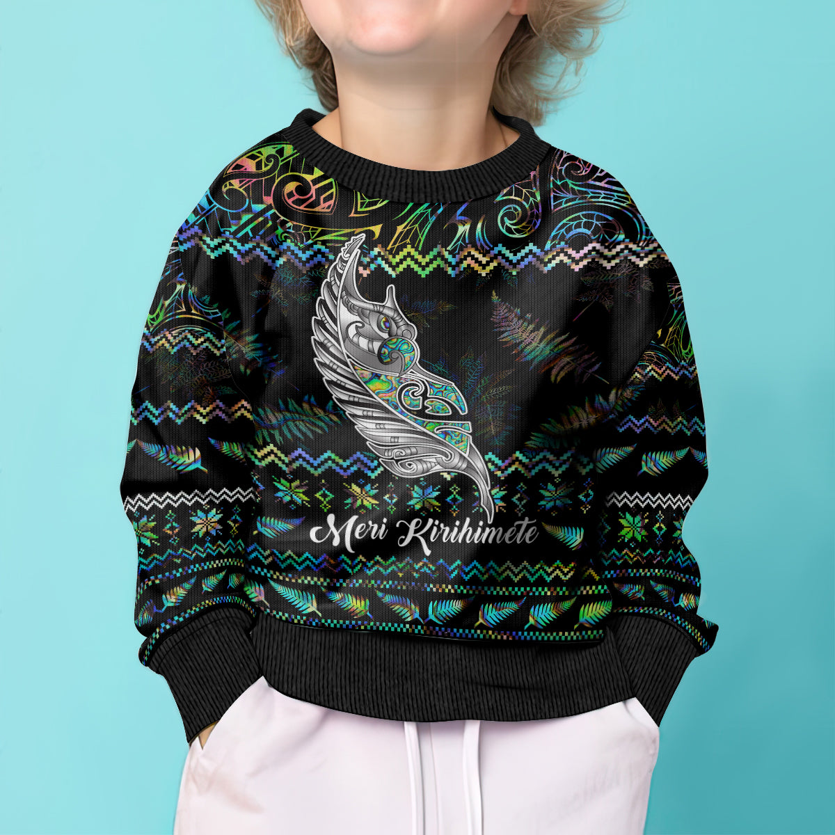 Personalised New Zealand Christmas Kid Ugly Christmas Sweater Maori Fern Manaia Meri Kirihimete with Papaua Shell - Wonder Print Shop