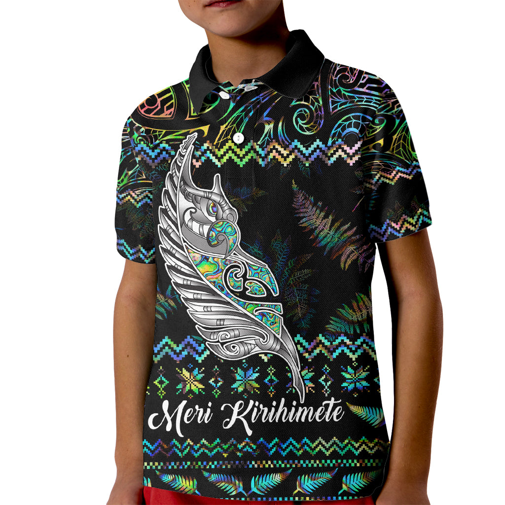 personalised-new-zealand-christmas-kid-polo-shirt-maori-fern-manaia-meri-kirihimete-with-papaua-shell