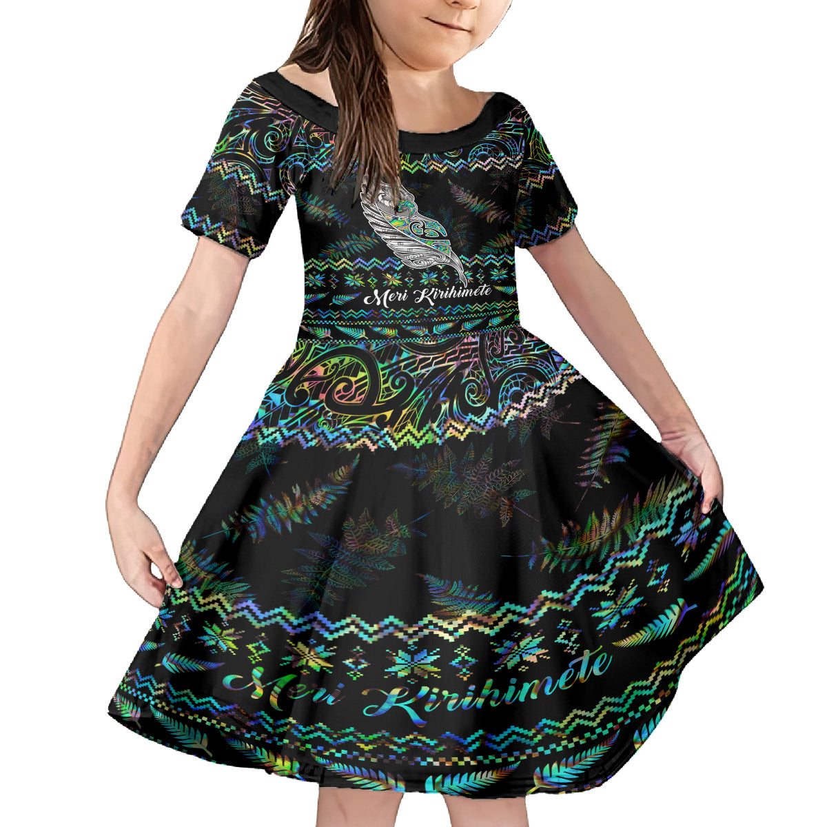 Personalised New Zealand Christmas Kid Short Sleeve Dress Maori Fern Manaia Meri Kirihimete with Papaua Shell - Wonder Print Shop
