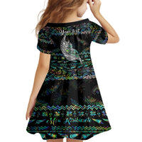 Personalised New Zealand Christmas Kid Short Sleeve Dress Maori Fern Manaia Meri Kirihimete with Papaua Shell - Wonder Print Shop