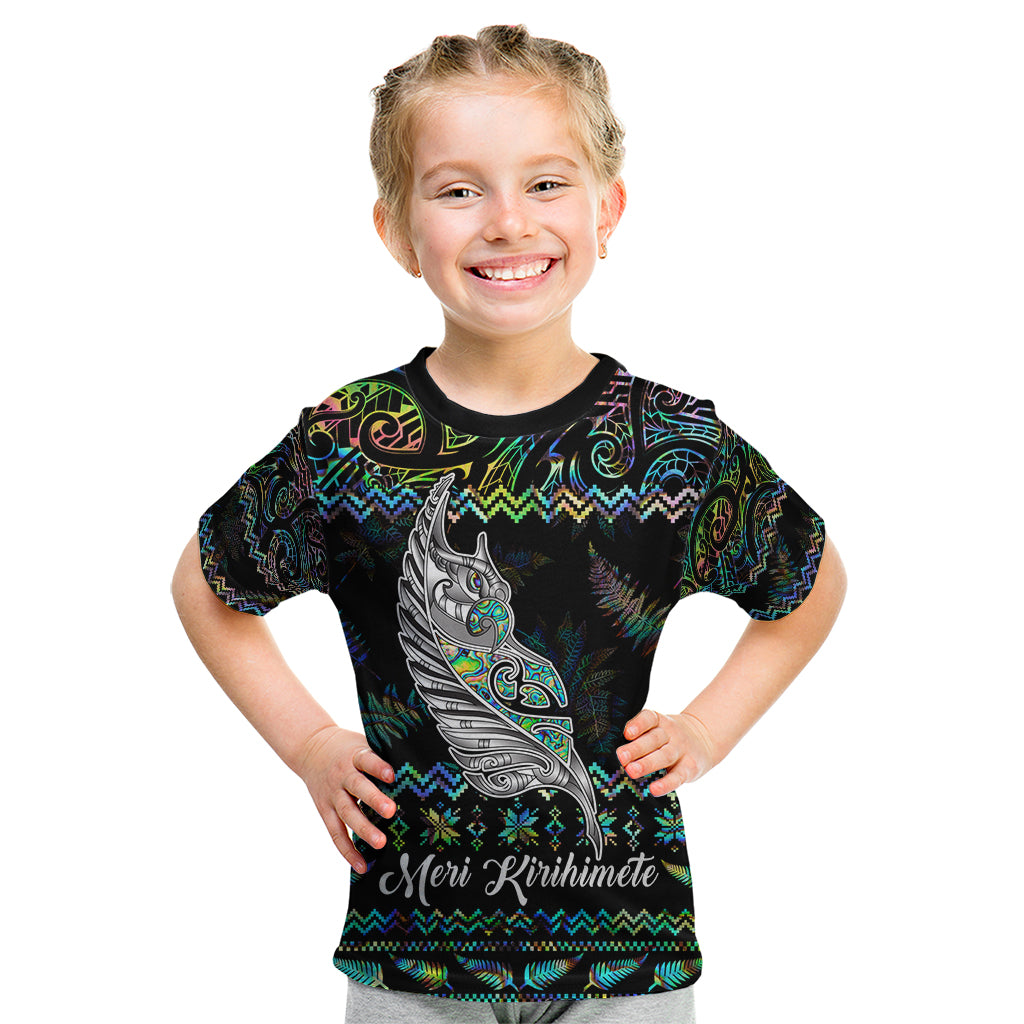 Personalised New Zealand Christmas Kid T Shirt Maori Fern Manaia Meri Kirihimete with Papaua Shell - Wonder Print Shop
