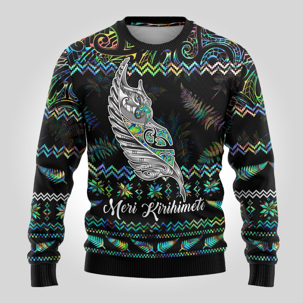 Personalised New Zealand Christmas Ugly Christmas Sweater Maori Fern Manaia Meri Kirihimete with Papaua Shell - Wonder Print Shop