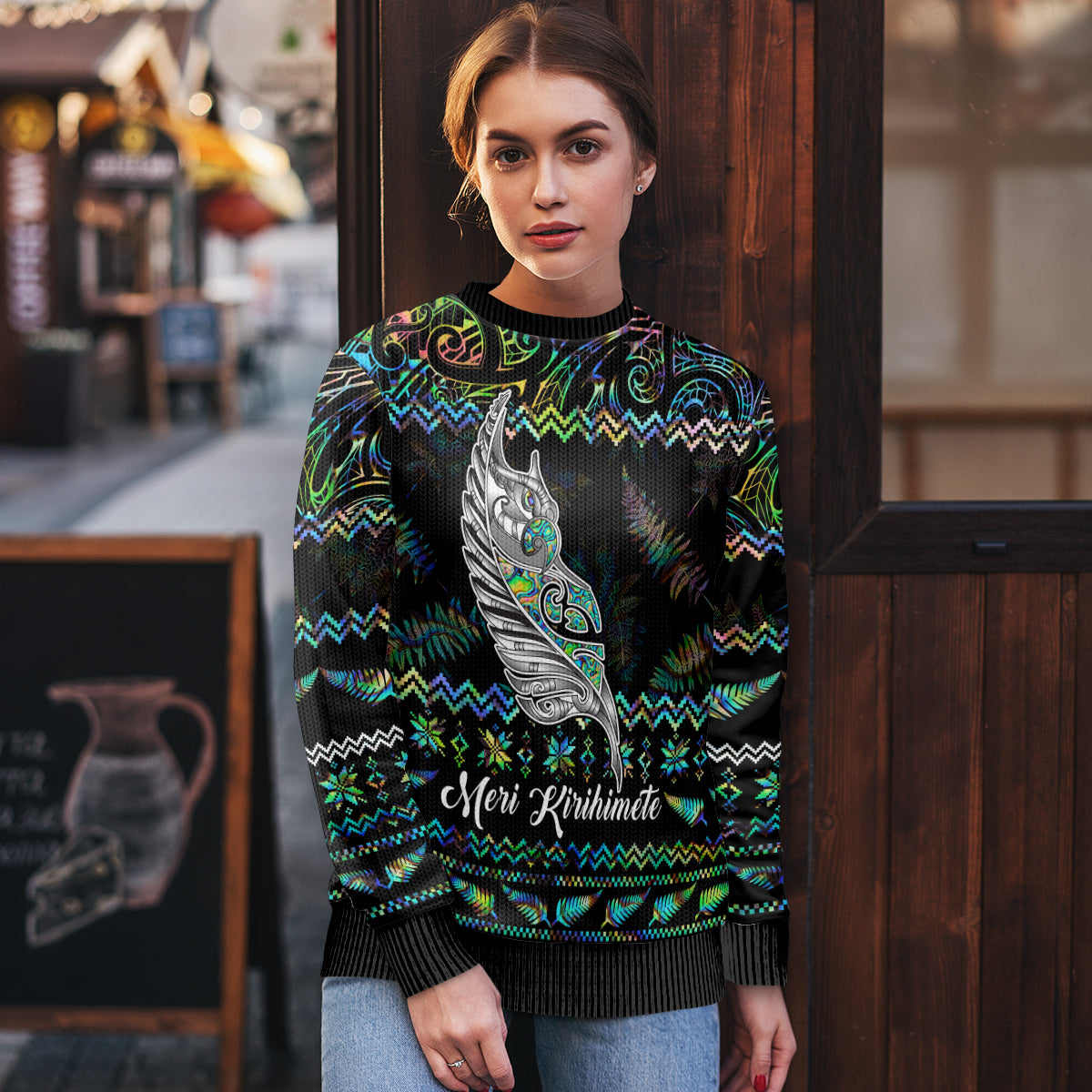 Personalised New Zealand Christmas Ugly Christmas Sweater Maori Fern Manaia Meri Kirihimete with Papaua Shell - Wonder Print Shop