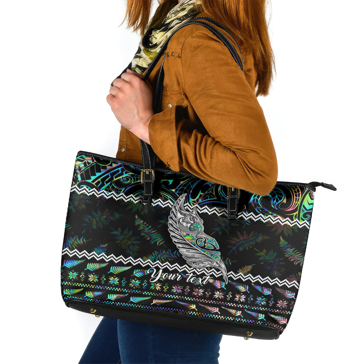 Personalised New Zealand Christmas Leather Tote Bag Maori Fern Manaia Meri Kirihimete with Papaua Shell - Wonder Print Shop