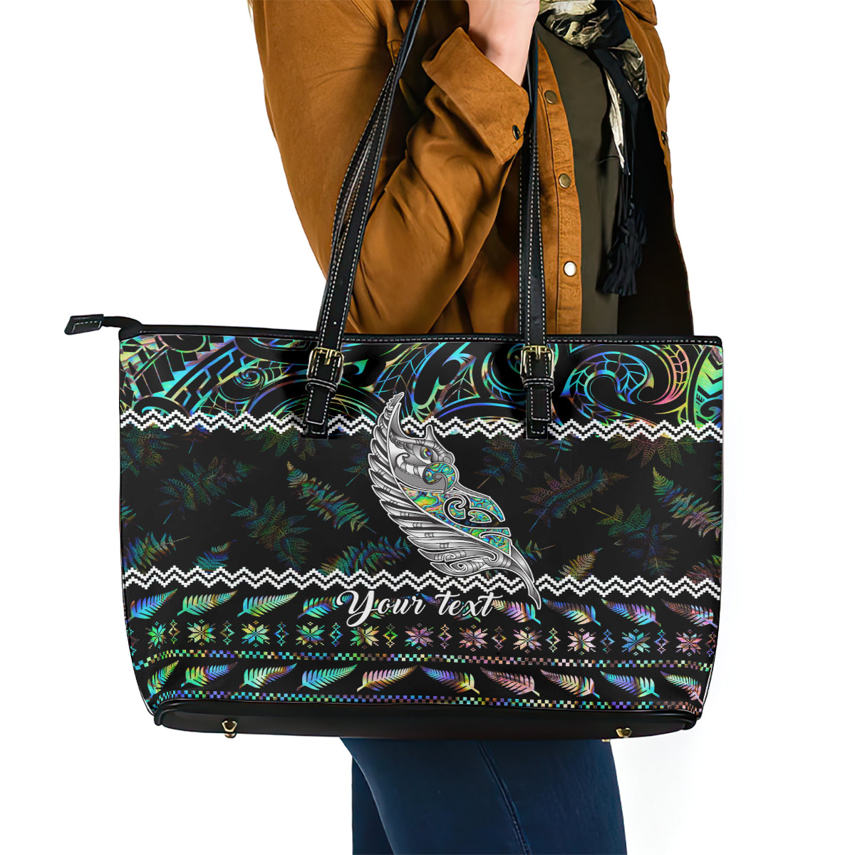 Personalised New Zealand Christmas Leather Tote Bag Maori Fern Manaia Meri Kirihimete with Papaua Shell - Wonder Print Shop
