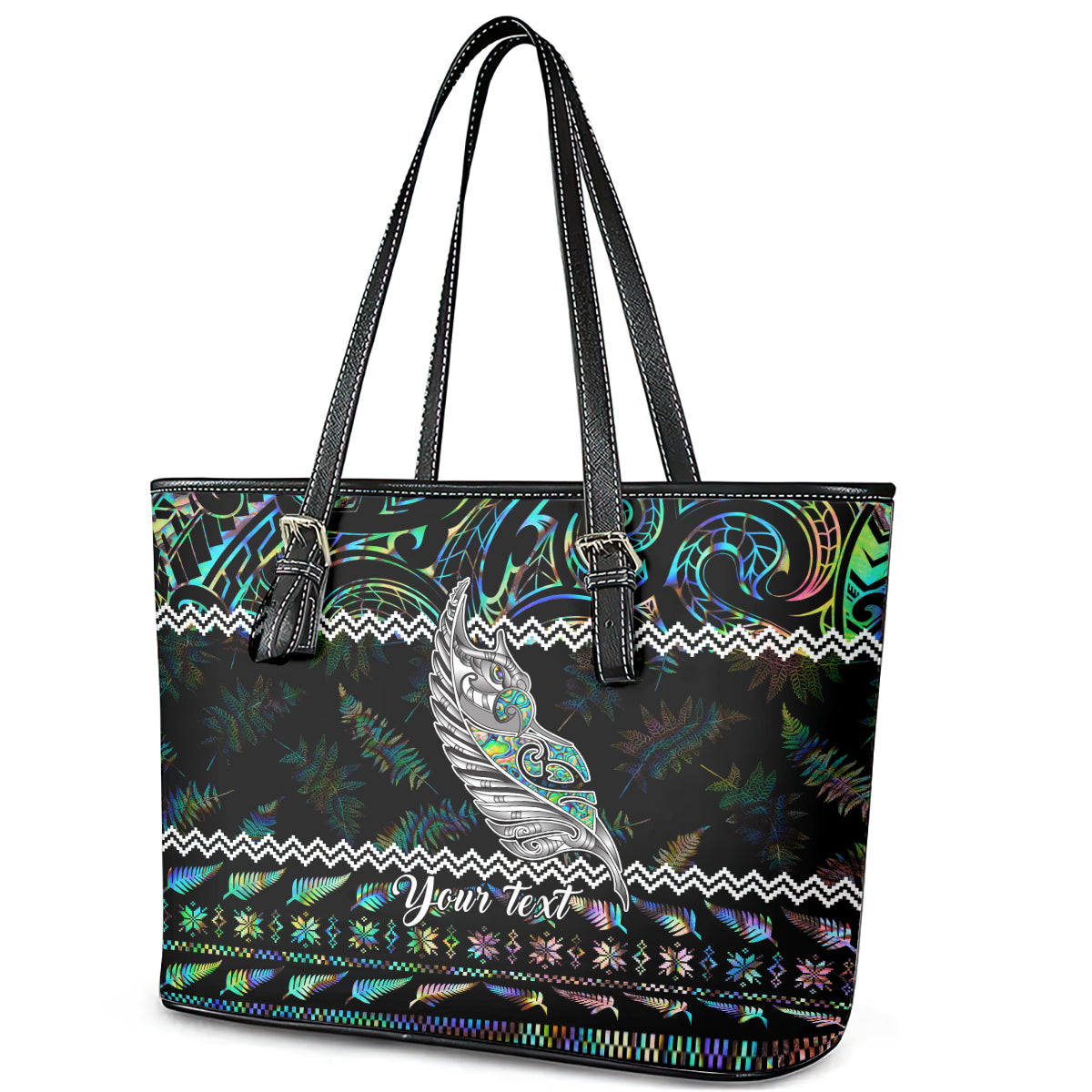 Personalised New Zealand Christmas Leather Tote Bag Maori Fern Manaia Meri Kirihimete with Papaua Shell - Wonder Print Shop