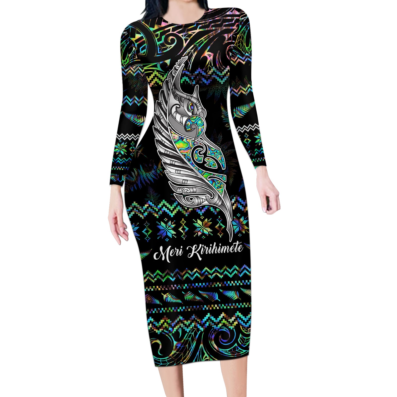 Personalised New Zealand Christmas Long Sleeve Bodycon Dress Maori Fern Manaia Meri Kirihimete with Papaua Shell - Wonder Print Shop