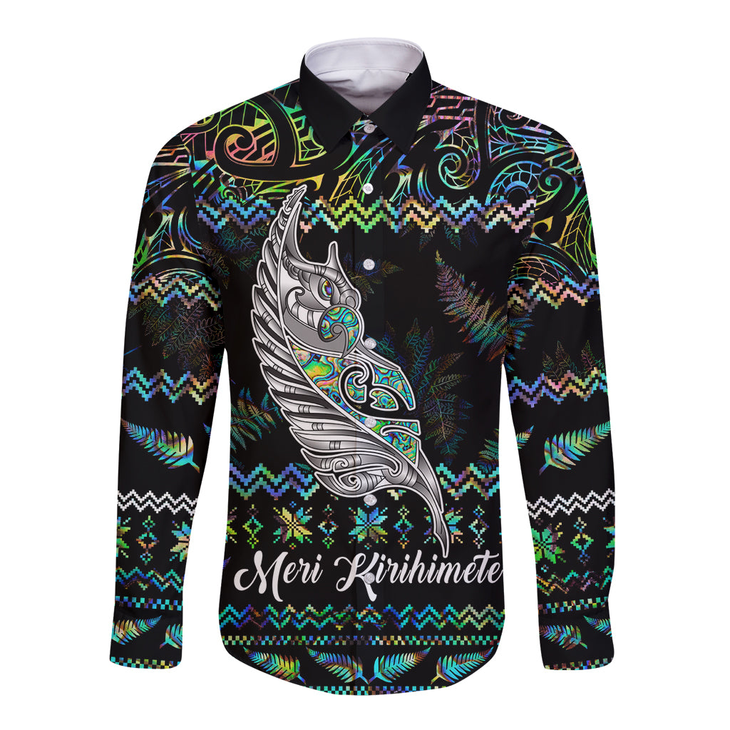 Personalised New Zealand Christmas Long Sleeve Button Shirt Maori Fern Manaia Meri Kirihimete with Papaua Shell - Wonder Print Shop