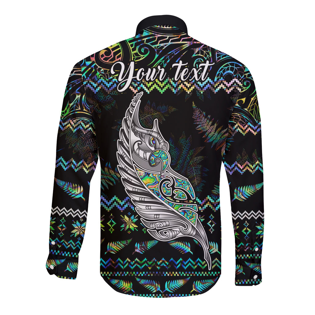 Personalised New Zealand Christmas Long Sleeve Button Shirt Maori Fern Manaia Meri Kirihimete with Papaua Shell - Wonder Print Shop